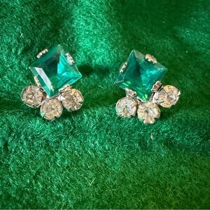 Vintage Green and Clear Rhinestone and Silver Tone Screwback Earrings